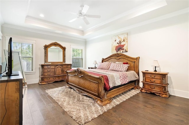 bedroom with a tray ceiling, multiple windows, dark wood-type flooring, and ceiling fan