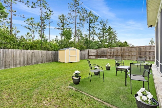 view of yard featuring a storage shed