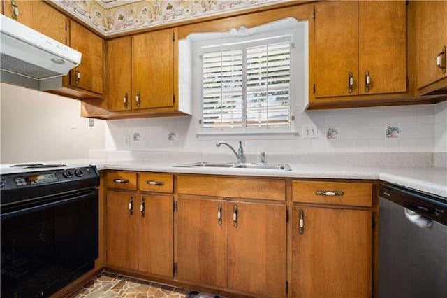 4205 Chesterfield Dr N, Mobile, AL 36618 - kitchen with electric range, stainless steel dishwasher, under cabinet range hood, a sink, and tasteful backsplash
