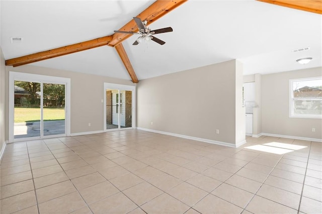 tiled spare room with lofted ceiling with beams and ceiling fan