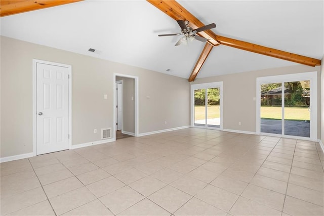 tiled empty room featuring vaulted ceiling with beams and ceiling fan