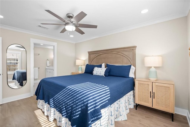 bedroom with ensuite bath, ceiling fan, wood-type flooring, and ornamental molding