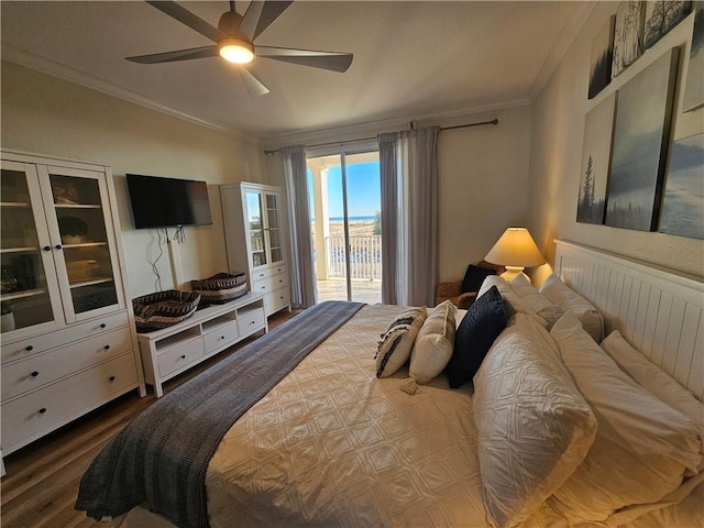 bedroom with crown molding, ceiling fan, wood-type flooring, and access to outside