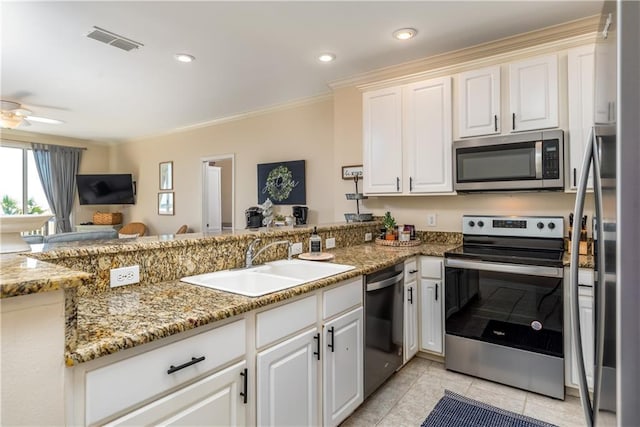 kitchen featuring white cabinetry, sink, kitchen peninsula, and appliances with stainless steel finishes