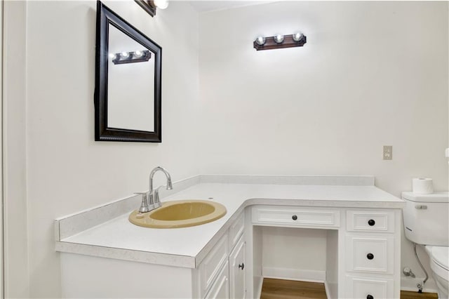 bathroom with vanity, toilet, and wood-type flooring