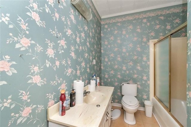 full bathroom with toilet, tile patterned flooring, combined bath / shower with glass door, and ornamental molding