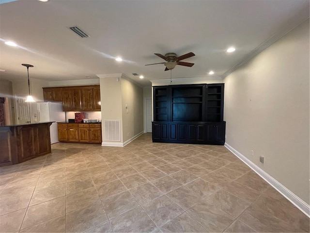 unfurnished living room featuring ceiling fan and ornamental molding