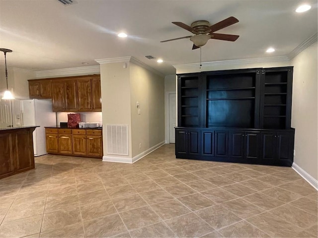 unfurnished living room with ornamental molding and ceiling fan