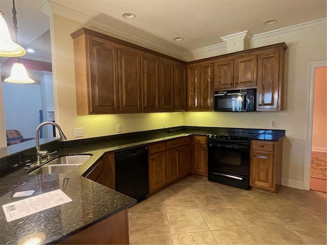 kitchen with sink, black appliances, hanging light fixtures, and kitchen peninsula