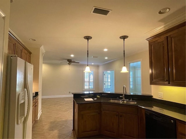 kitchen featuring sink, crown molding, black dishwasher, white fridge with ice dispenser, and decorative light fixtures