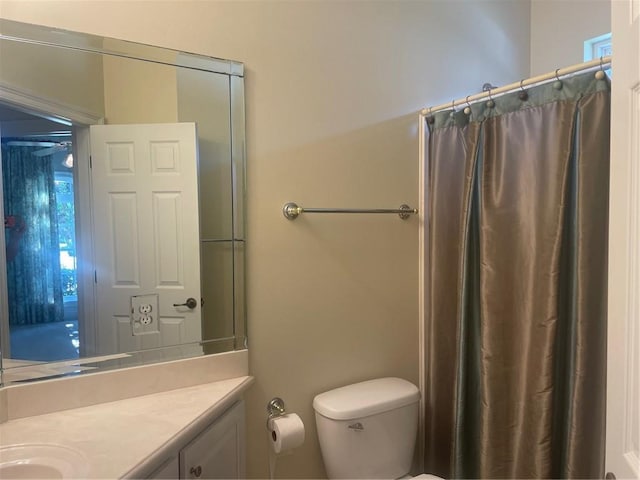 bathroom featuring vanity, curtained shower, and toilet