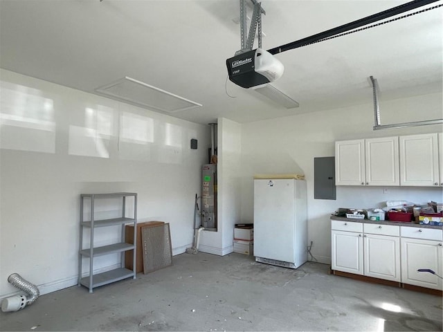 garage with a garage door opener, electric panel, water heater, and white fridge