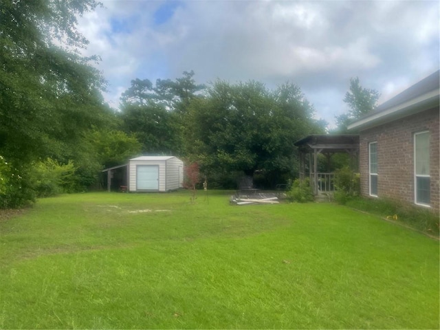 view of yard featuring a storage shed