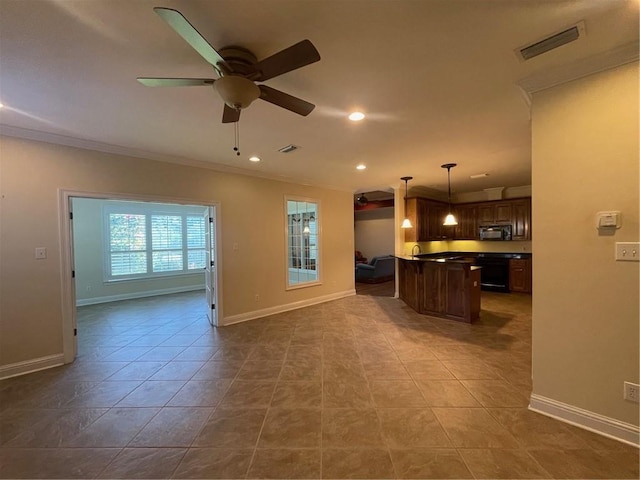 kitchen featuring decorative light fixtures, light tile patterned floors, ornamental molding, ceiling fan, and stove