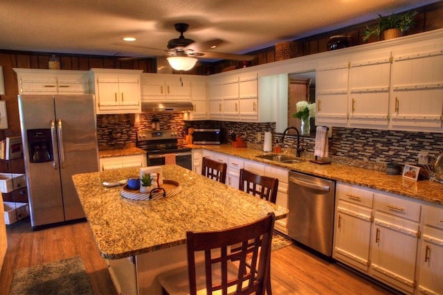 kitchen with a sink, under cabinet range hood, decorative backsplash, a ceiling fan, and appliances with stainless steel finishes