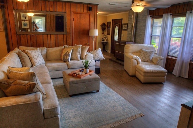 living room featuring ornamental molding, ceiling fan, wood walls, and wood finished floors