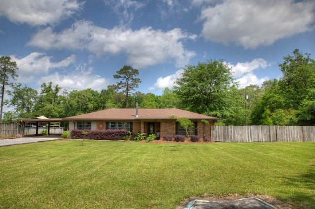 ranch-style house featuring a front yard, a carport, and fence