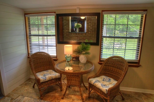 living area featuring crown molding, baseboards, and plenty of natural light