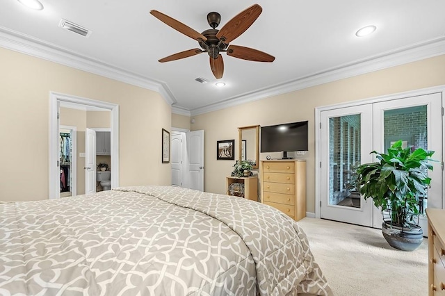 carpeted bedroom with crown molding, ceiling fan, french doors, and access to outside