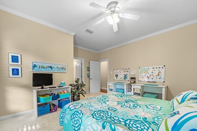 carpeted bedroom with ceiling fan and ornamental molding