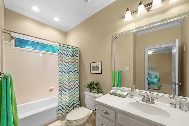 full bathroom with vanity, ornamental molding, toilet, and shower / tub combo with curtain