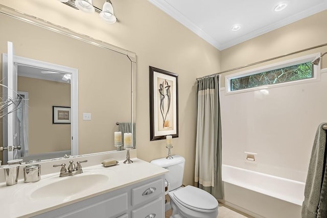 full bathroom featuring shower / tub combo with curtain, vanity, crown molding, and toilet