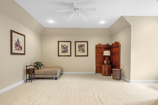 sitting room featuring ceiling fan and carpet flooring