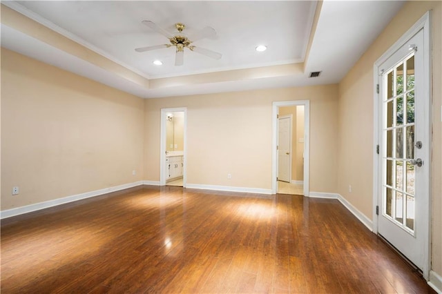 9996 Wedgefield Ct, Mobile, AL 36608 - spare room with a tray ceiling, hardwood / wood-style flooring, a ceiling fan, ornamental molding, and recessed lighting