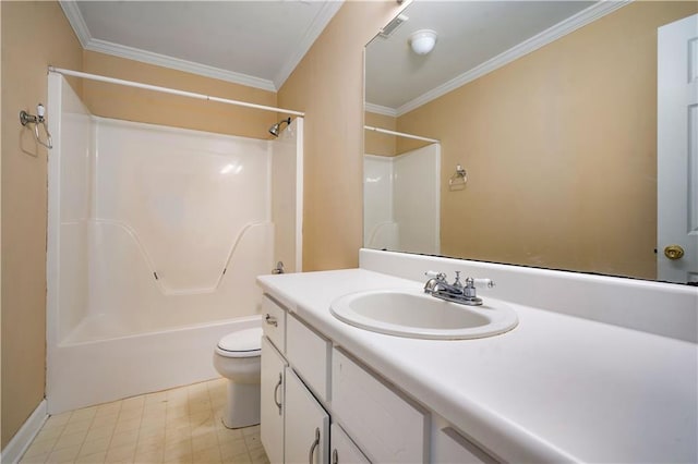 9996 Wedgefield Ct, Mobile, AL 36608 - bathroom featuring vanity, ornamental molding, shower / tub combination, and tile patterned floors