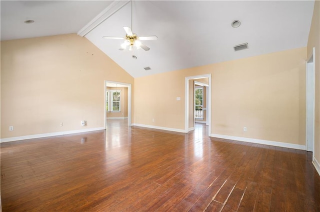 9996 Wedgefield Ct, Mobile, AL 36608 - unfurnished living room with ceiling fan, beamed ceiling, wood finished floors, and high vaulted ceiling