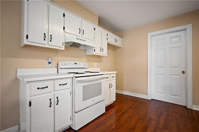 9996 Wedgefield Ct, Mobile, AL 36608 - kitchen with white range with electric stovetop, under cabinet range hood, dark wood finished floors, light countertops, and white cabinetry