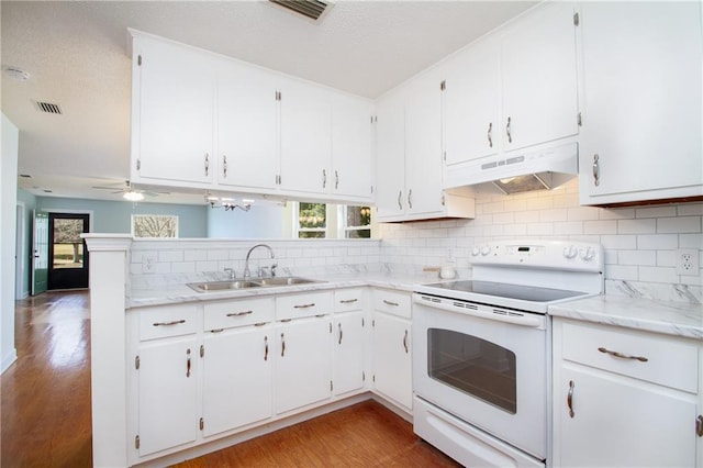 kitchen featuring visible vents, under cabinet range hood, a sink, wood finished floors, and white range with electric stovetop