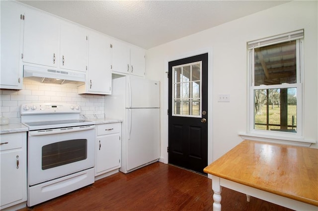 kitchen featuring under cabinet range hood, tasteful backsplash, dark wood finished floors, white appliances, and light countertops