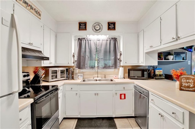 5023 Freeway Ln, Mobile, AL 36619 - kitchen featuring sink, electric range, dishwasher, white fridge, and exhaust hood
