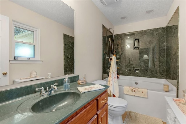 full bathroom featuring shower with separate bathtub, toilet, vanity, and a textured ceiling