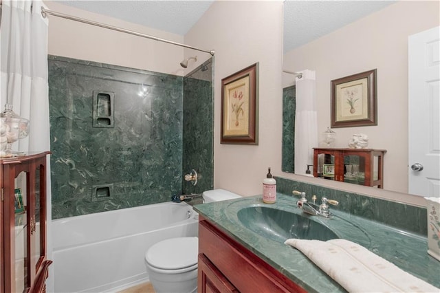 full bathroom with a textured ceiling, shower / bathtub combination with curtain, vanity, and toilet