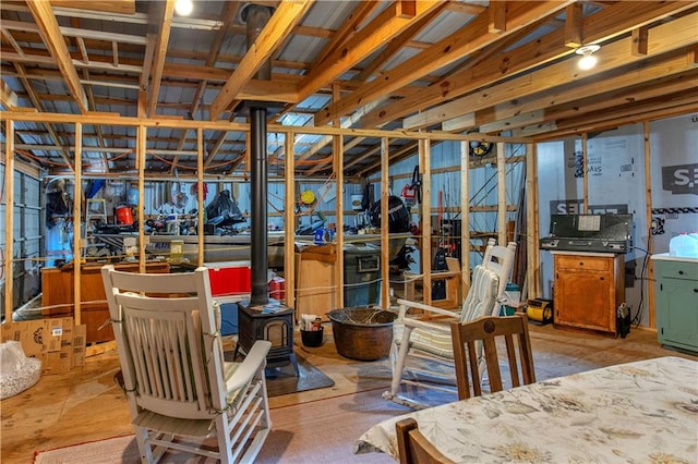 basement featuring a wood stove