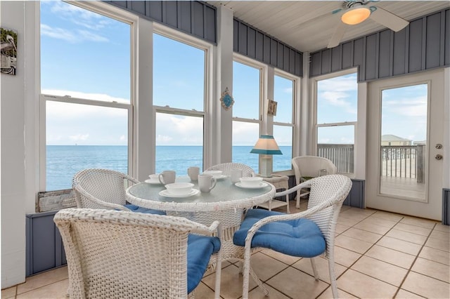 sunroom / solarium featuring a wealth of natural light, a water view, wooden ceiling, and ceiling fan