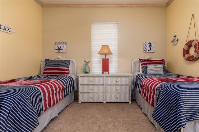 bedroom with light colored carpet and ornamental molding