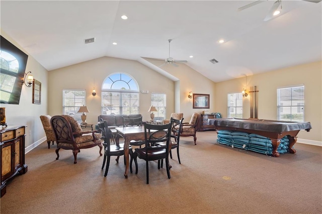 carpeted dining room with lofted ceiling, ceiling fan, and billiards