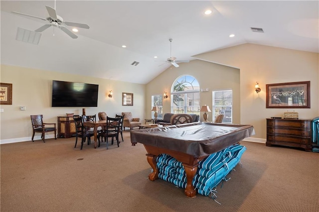 playroom featuring lofted ceiling, pool table, ceiling fan, and carpet flooring