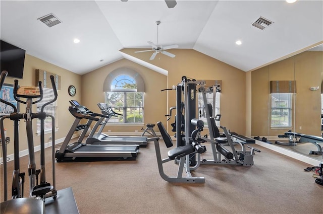 gym featuring carpet, vaulted ceiling, and ceiling fan