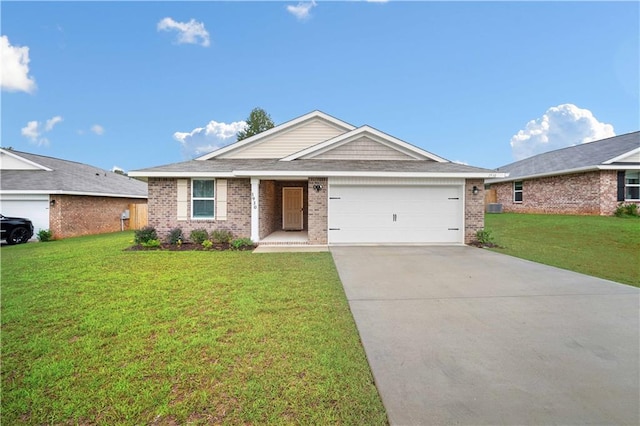 ranch-style home featuring a garage and a front lawn