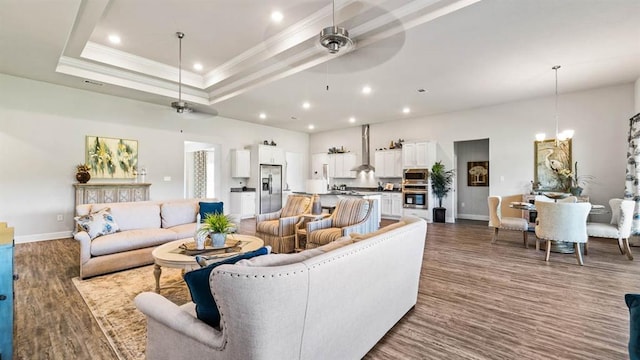 2260 Nadine Ln, Mobile, AL 36695 - living room featuring recessed lighting, ornamental molding, baseboards, dark wood-style flooring, and ceiling fan