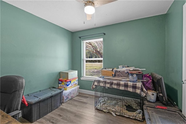 bedroom featuring a ceiling fan, baseboards, and wood finished floors