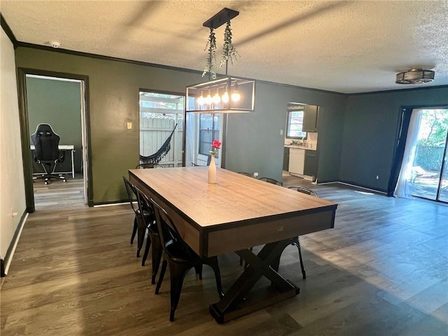 dining area featuring crown molding, hardwood / wood-style flooring, a wealth of natural light, and a textured ceiling