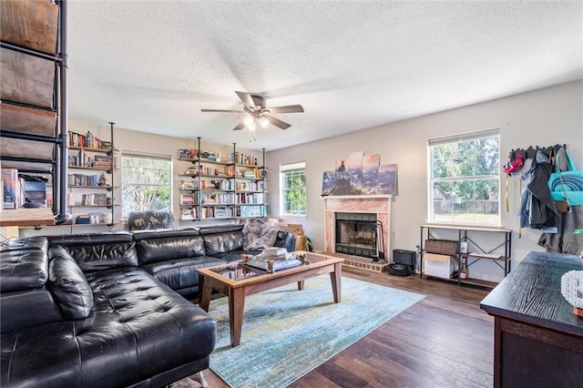 living room featuring a textured ceiling, plenty of natural light, and dark hardwood / wood-style flooring