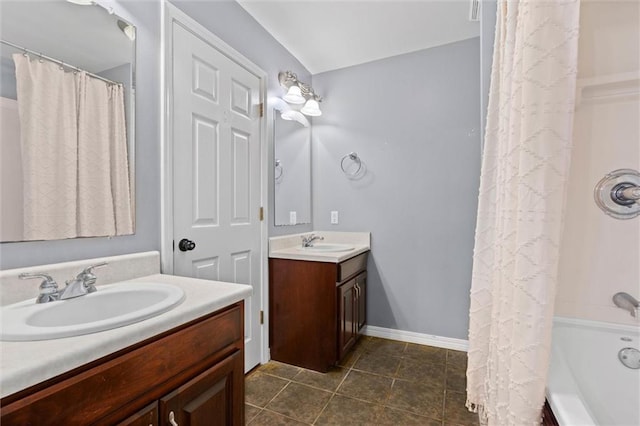 405 Baker Rd, Satsuma, AL 36572 - bathroom with vanity, tile patterned flooring, and shower / tub combo with curtain