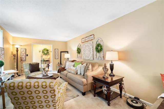 living room with light colored carpet