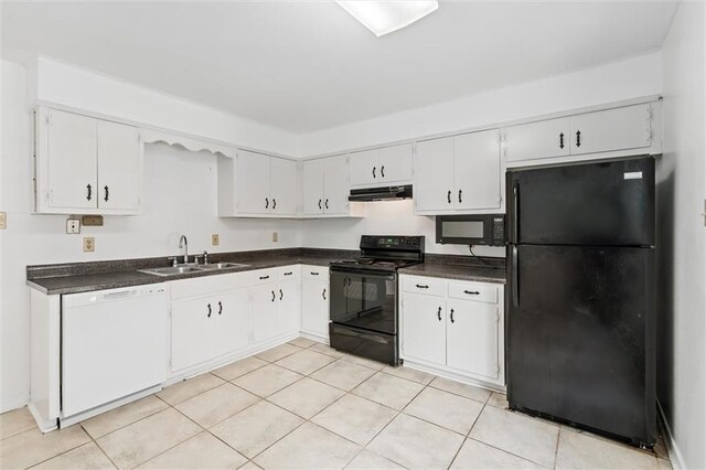 kitchen with light tile patterned floors, sink, white cabinetry, and black appliances